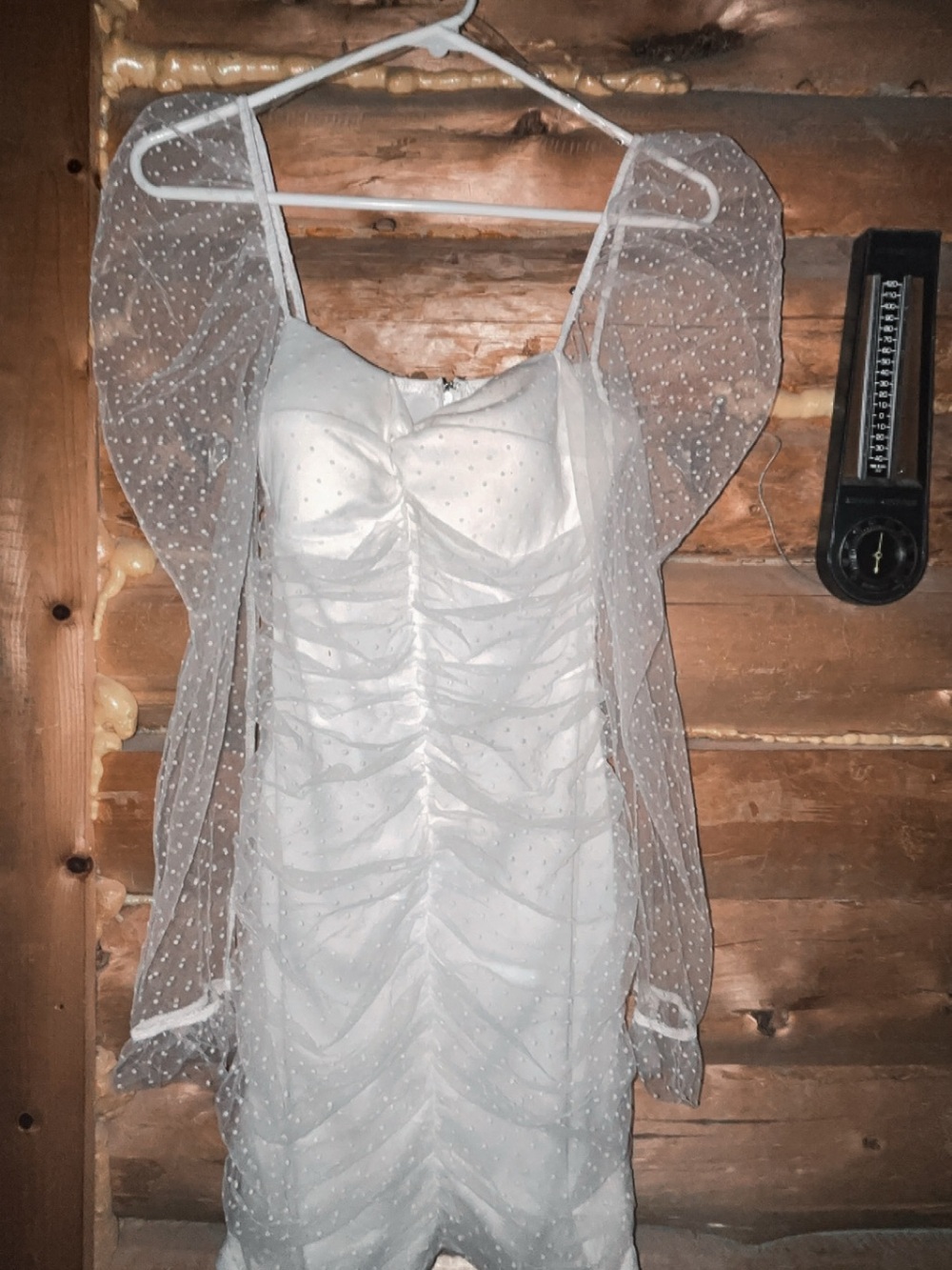 Kaylee Kollection White Dotted Mesh Statement Mini Dress 🦢